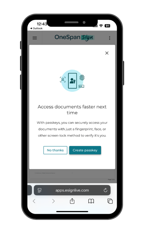 Image shows a cell phone screen on the OneSpan Sign page with a popup telling the user they can create a passkey to access the documents faster next time.